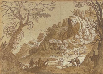 An extensive mountain landscape seen through trees, with peasants and their flocks and travellers on a road beyond - Matthäus Merian the Elder
