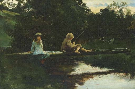 A serene painting of two figures fishing from a log in a tranquil stream.