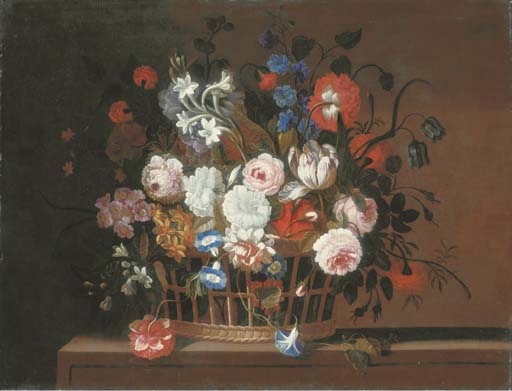 Roses, tulips, morning glory, carnations, delphinium, primrose, narcissi and other flowers in a basket on a stone ledge by Pieter Hardimé