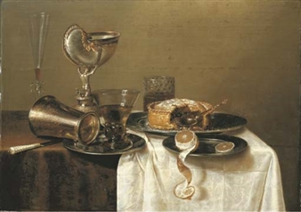 An overturned silver tumbler and a roemer on a pewter plate, a façon-de-Venise wineglass, a nautilus cup, a pie and a partly-peeled lemon on pewter plates on a partly-draped table - Gerrit Willemsz. Heda