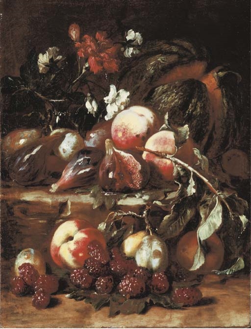 Artwork by Master of the Metropolitan Still Life, A melon, peaches, figs, mulberries, plums and carnations on a step on a rocky ledge, Made of oil on canvas