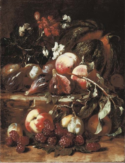 A melon, peaches, figs, mulberries, plums and carnations on a step on a rocky ledge - Master of the Metropolitan Still Life