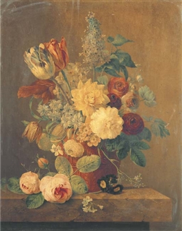 Parrot tulips, roses, morning glory, narcissi and other flowers in a terracotta pot on a marble ledge - Anthony Oberman