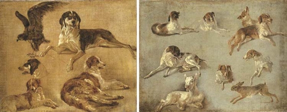 Study of four dogs and an eagle; and Study of seven dogs a hare and a goat by Brun de Versoix