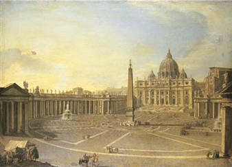Saint Peter's, Rome, with Bernini's Colonnade and a procession in carriages - Italian School, 18th Century