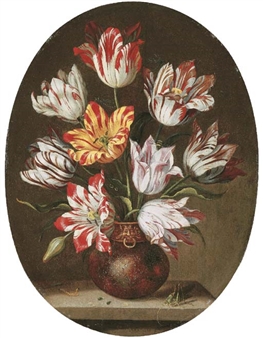 Tulips in a vase with a caterpillar and a grasshopper on a stone ledge, and dragonflies and a bee - Jacob Marrel
