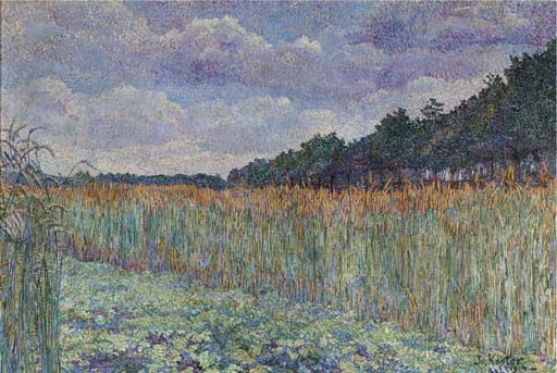 A pointillist landscape painting of a grassy field under a cloudy sky.