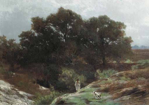 A shepherd on a sunlit heath, Barbizon (?) by Louwrens Hanedoes, 1863