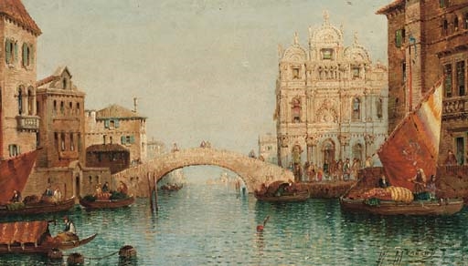 Vessels on a venetian canal by a bridge, a capriccio by William Meadows