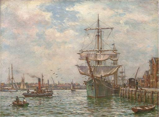 Trading vessels at the quayside of a busy harbour by Bernard Finegan Gribble