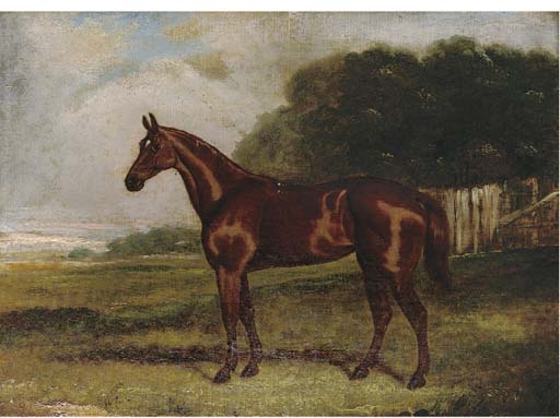 A chestnut mare in a landscape by T.R. Hart, 1861