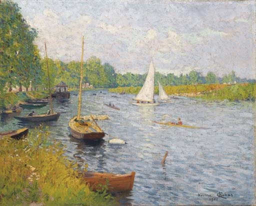 Artwork by Maurice Chabas, Bateaux sur une fleuve, probablement autour de Bougival, Made of Oil on canvas