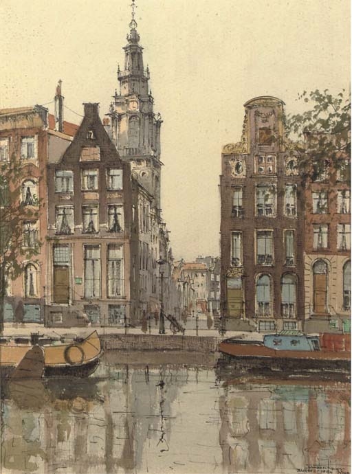 Artwork by Johannes Gerardus den Hengst, The Zuidertoren, Amsterdam, Made of black ink and watercolour on paper