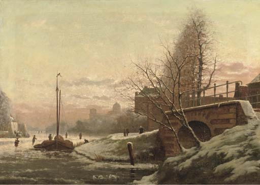 Artwork by Jan van Dam, The river Vliet in winter with the observatory beyond, Leiden, Made of oil on canvas