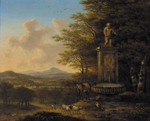 An extensive landscape with a shepherd and his flock at a fountain by Willem de Heusch