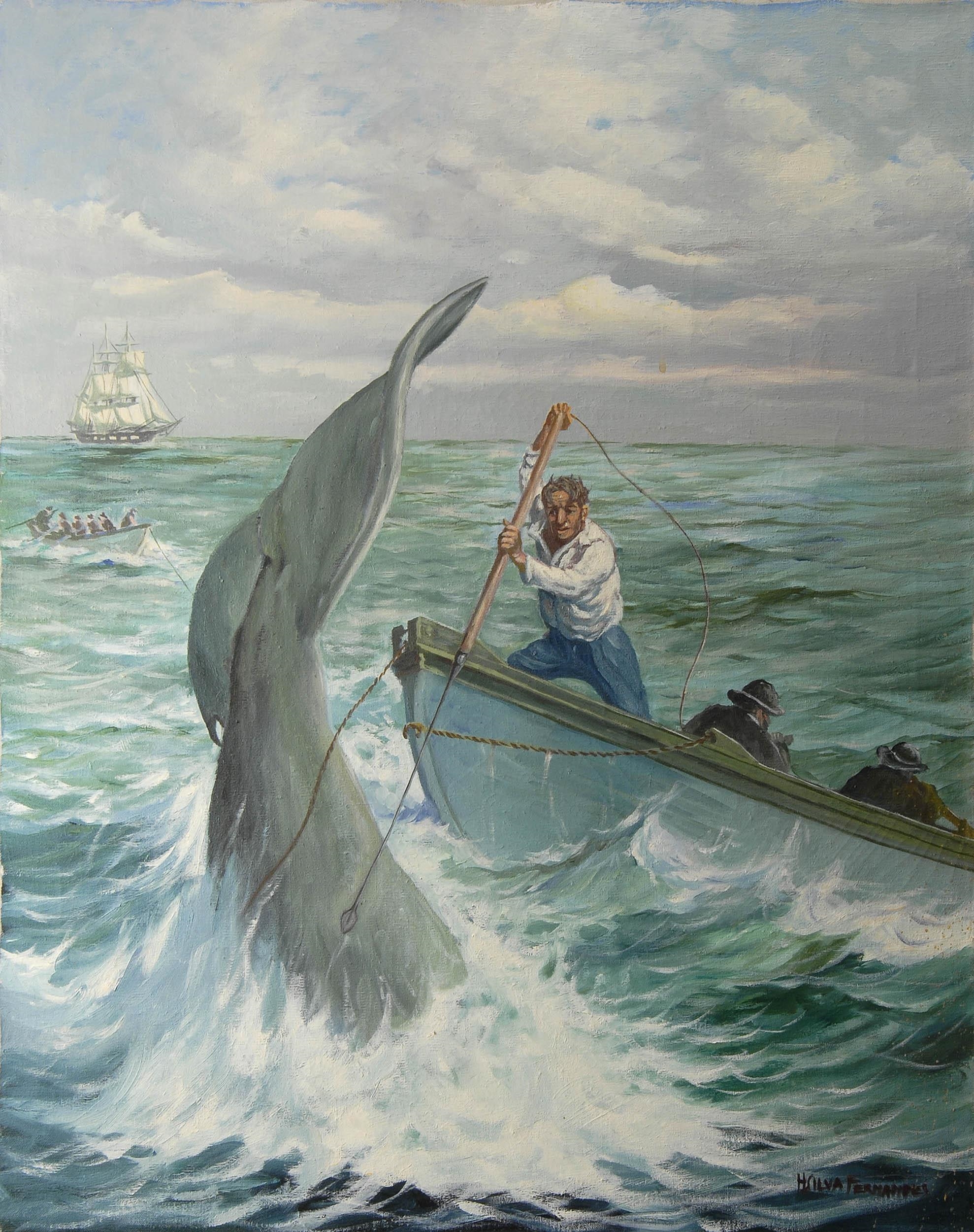 Artwork by H. Silva Fernandes, Depicting a whaleman harpooning a whale, Made of Oil on canvas
