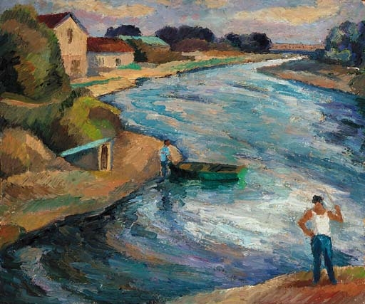 Artwork by Maria-Mela Muter, Pêcheurs sur le Rhône, Made of oil on panel