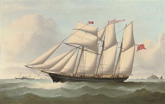 The three-masted topsail schooner John Wignall off the South Stack, Anglesey - J. Rawcliffe