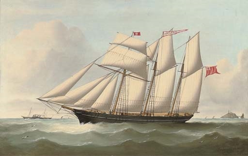 The three-masted topsail schooner John Wignall off the South Stack, Anglesey by J. Rawcliffe, 1872