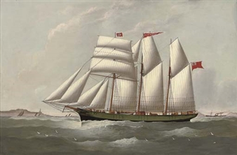 The three-masted topsail schooner Ellen Wignall under full sail in coastal waters - J. Rawcliffe