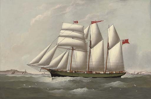 The three-masted topsail schooner Ellen Wignall under full sail in coastal waters by J. Rawcliffe