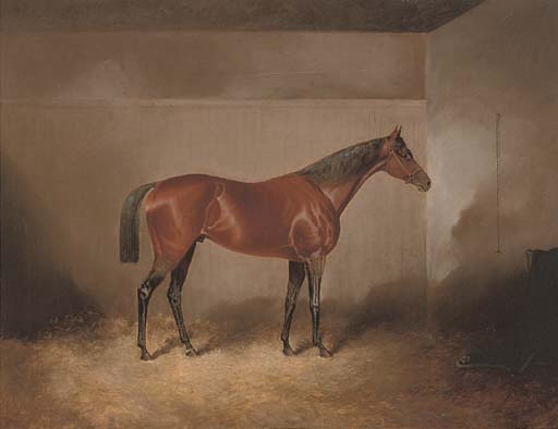 A bay hunter in a stable by James Scott Kinnear