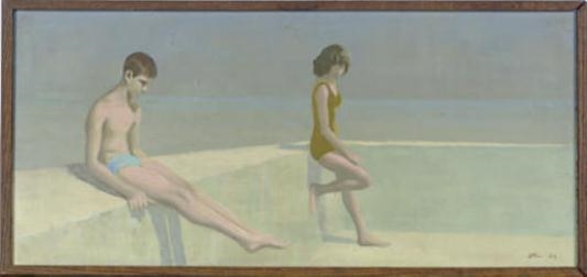 Artwork by Robert R. Bliss, Boy and Girl on Beach, Made of Oil on masonite