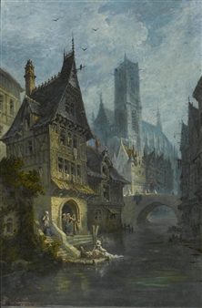 Buildings and Figures by a Canal Thought to be in Rouen - Alphonse Chaignon