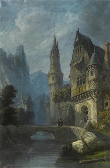 A View of Figures on a Bridge in a Town Thought to be Rouen - Alphonse Chaignon