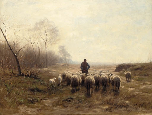 Artwork by Herman Johannes van der Weele, A shepherd herding his flock in an autumnal landscape, Made of oil on canvas