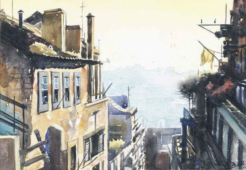Artwork by Artur Real Chaves Bordalo da Silva, Aspecto do Bairro Alto Lisboa, Made of watercolor on paper