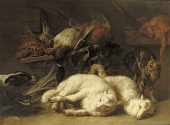 Game including a duck and a grouse on a wooden ledge with two tied up lambs, a hound and a cat nearby - Bernard Nicasius