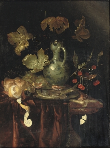 A silver mounted 'Kendi', a peeled lemon, a roll of bread, black and white grapes, a silver dish with a cut herring and a glass of white wine with cherries, all on a partially draped marble table by Harmen Loeding