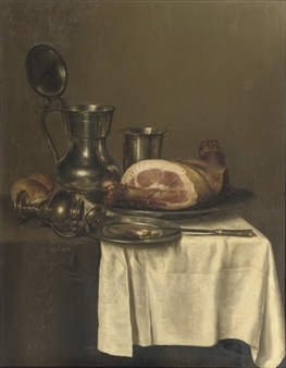 A pewter jug, a silver cup, a ham on a silver plate, a knife on a pewter plate and a roll of bread, all on a partially draped wooden table - Gerrit Willemsz. Heda