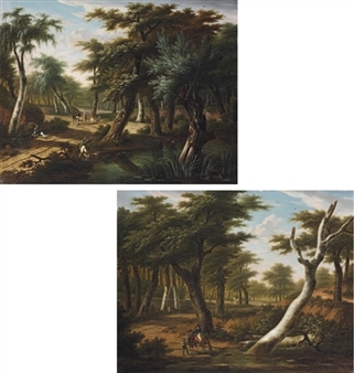 A forest landscape with a soldier resting, a huntsman shooting ducks and a hunting party beyond; and A forest landscape with a huntsman watering his mount, a haycart passing beyond - Frans Swagers