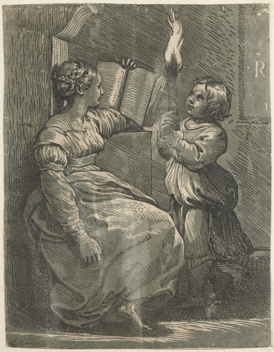 A Sybil with a Child holding a Torch (B. 6; cf. Servolini 2) by Ugo Da Carpi, Circa 1518