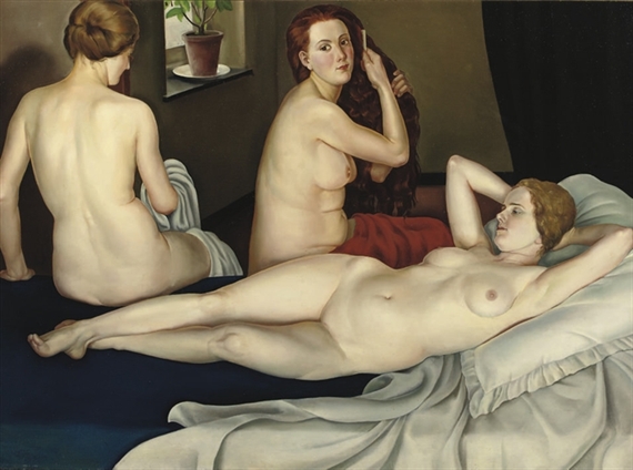 Three nudes in an interior by Léonid Frechkop