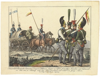 A collection of six etchings and aquatint with hand-coloring, published by Herzberg's in Augsburg, comprising: Imperial Russian currassiers, dragoons, members of the Uhlan regiment, cavalry; Cossacks, members of the regiment of the Bashkirs, Kalmyks; Russian Hussars; Cossacks from the River Don; Imperial Russian Guard, grenadiers, marksmen and fusiliers; Russian artillery. - George Adam