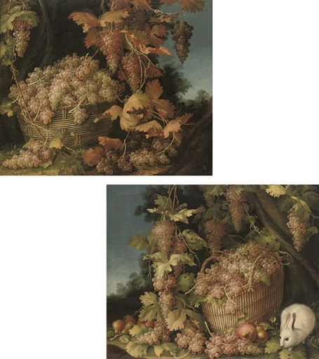 A basket of grapes, a landscape beyond; and A basket of grapes, with pears, apples and a white rabbit, a landscape beyond by Francesco Malagoli