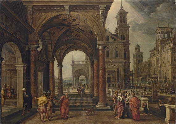 A capriccio, with Daniel demanding justice for Susannah under an arched colonnade, a formal garden beyond by Paul Vredeman de Vries, 1613