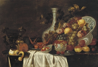 A 'Roemer' of white wine, a plate with a crab, a porcelain vase and bowl with fruit, bowls with berries and a partially pealed lemon - Monogrammist J.H.V.