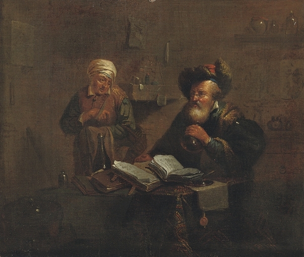Artwork by J. Bilet, A quack with a patient in an interior, Made of oil on canvas laid down on panel