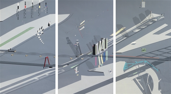 Triptych of the maasoever with slab tower and tower bridge, Rotterdam, The Netherlands by Rem Koolhaas, 1982