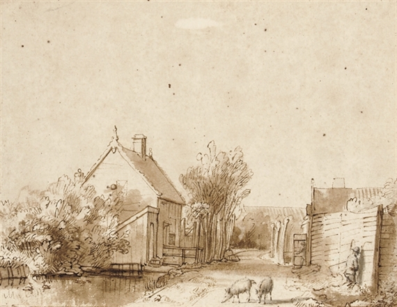A village street with a duck pond, two pigs and a peasant by Abraham Furnerius