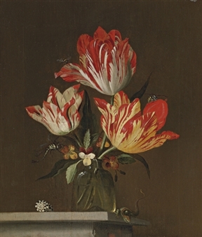 Tulips and violets in a vase, with a shell, a lizard, a dragonfly, a bee and a wasp, on a ledge - Jacob Marrel