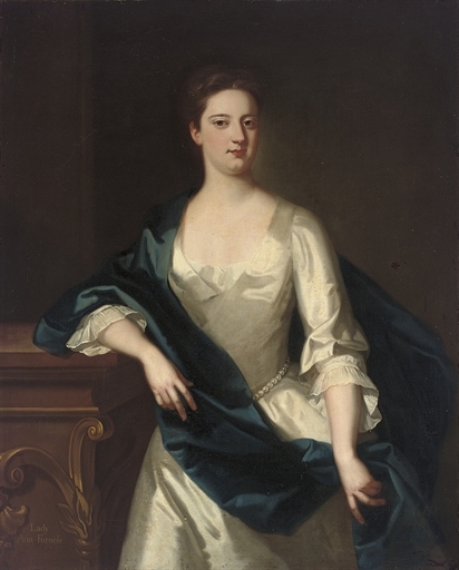 Portrait of Lady Anne Furnese, three-quarter-length, in an oyster satin dress, and a blue wrap, her right arm resting on a plinth by Enoch Seeman