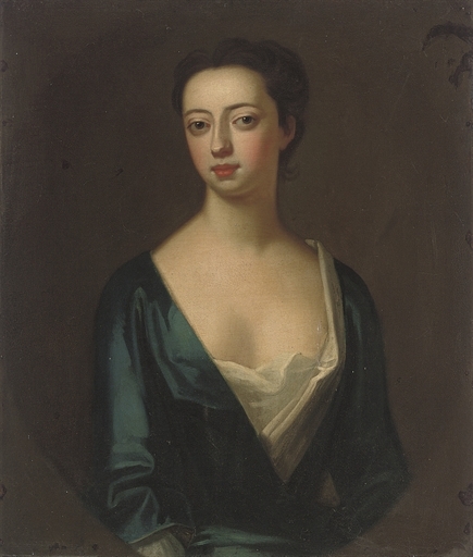 Portrait of a lady, traditionally identified as Elizabeth Greville, d.1699, Lady Guilford, half-length, in a blue dress, in a feigned oval by Enoch Seeman