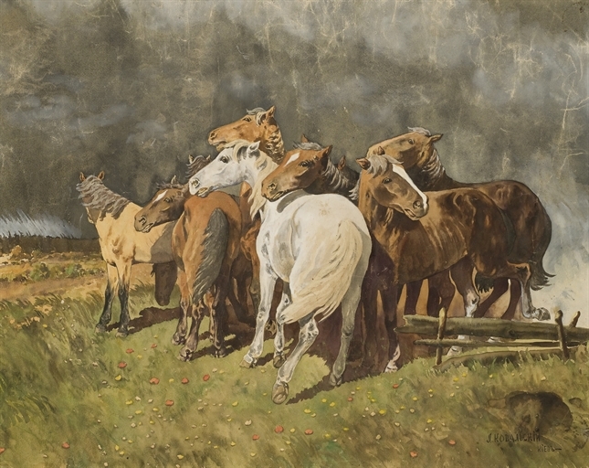 Artwork by Lev Kovalsky, Horses before a storm, Made of watercolour on paper
