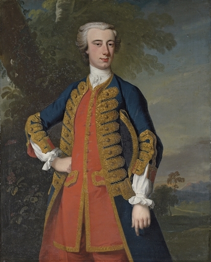 Portrait of a gentleman, traditionally identified as Mark Currie, of Berwick-upon-Tweed, three-quarter-length, in a blue coat with gold trim and a red waistcoat, a hat under his left arm, in a landscape by Enoch Seeman