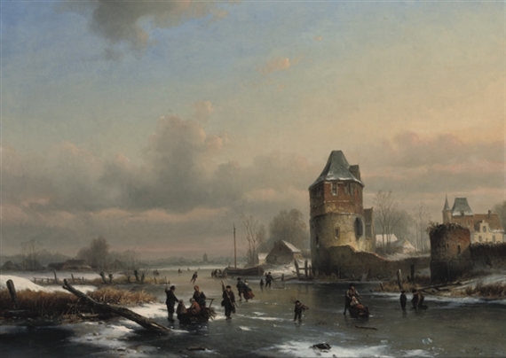 A winter landscape with many figures on a frozen waterway by Louis Smets, 1860